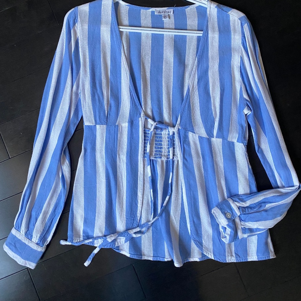 Dizzy Lizzy Blue and White Striped Top with Tie Front